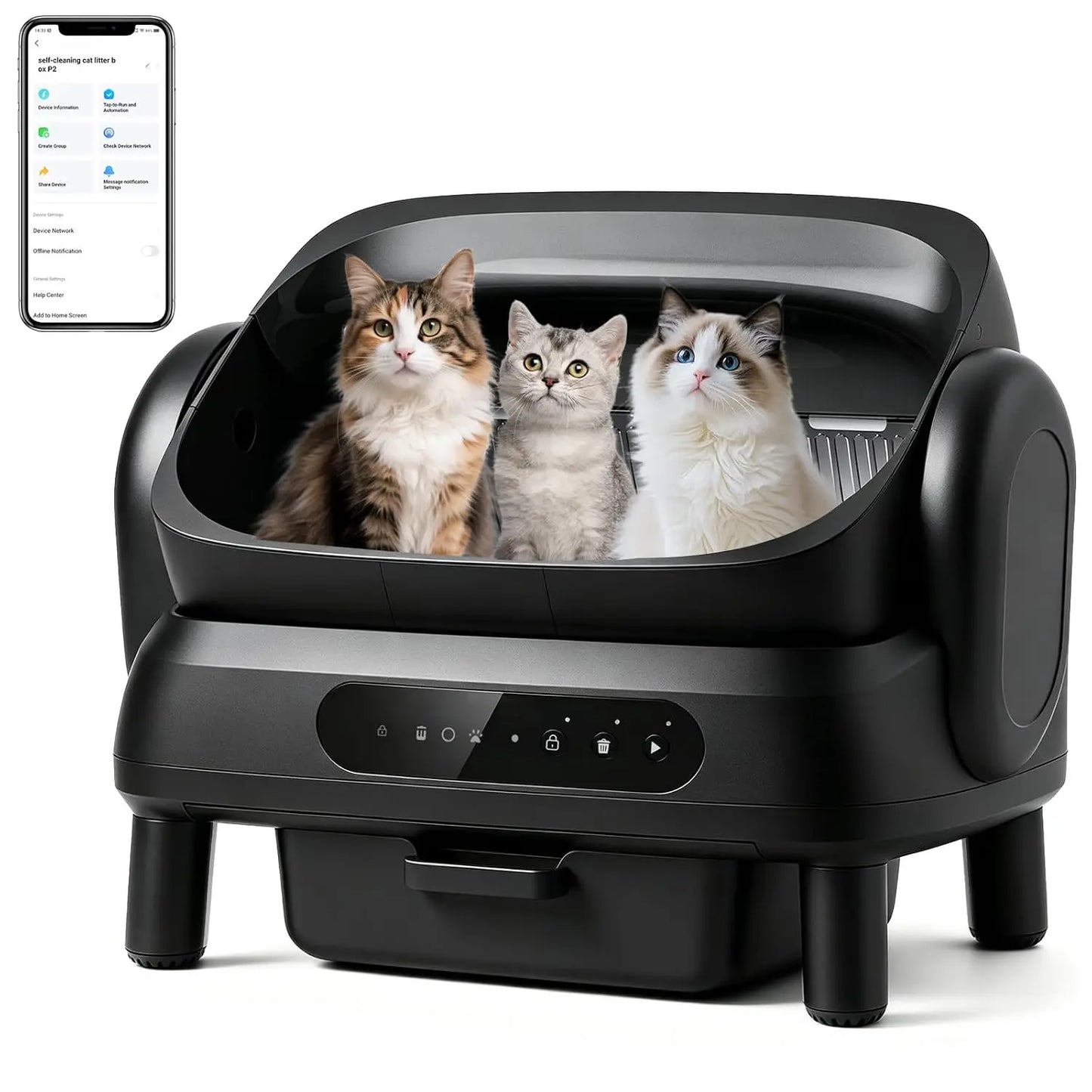 XXXL Automatic Cat Litter Box for Large Cats, Open Top Self Cleaning Litter Box with Smart Health Monitoring, Multi-Cat, Custom